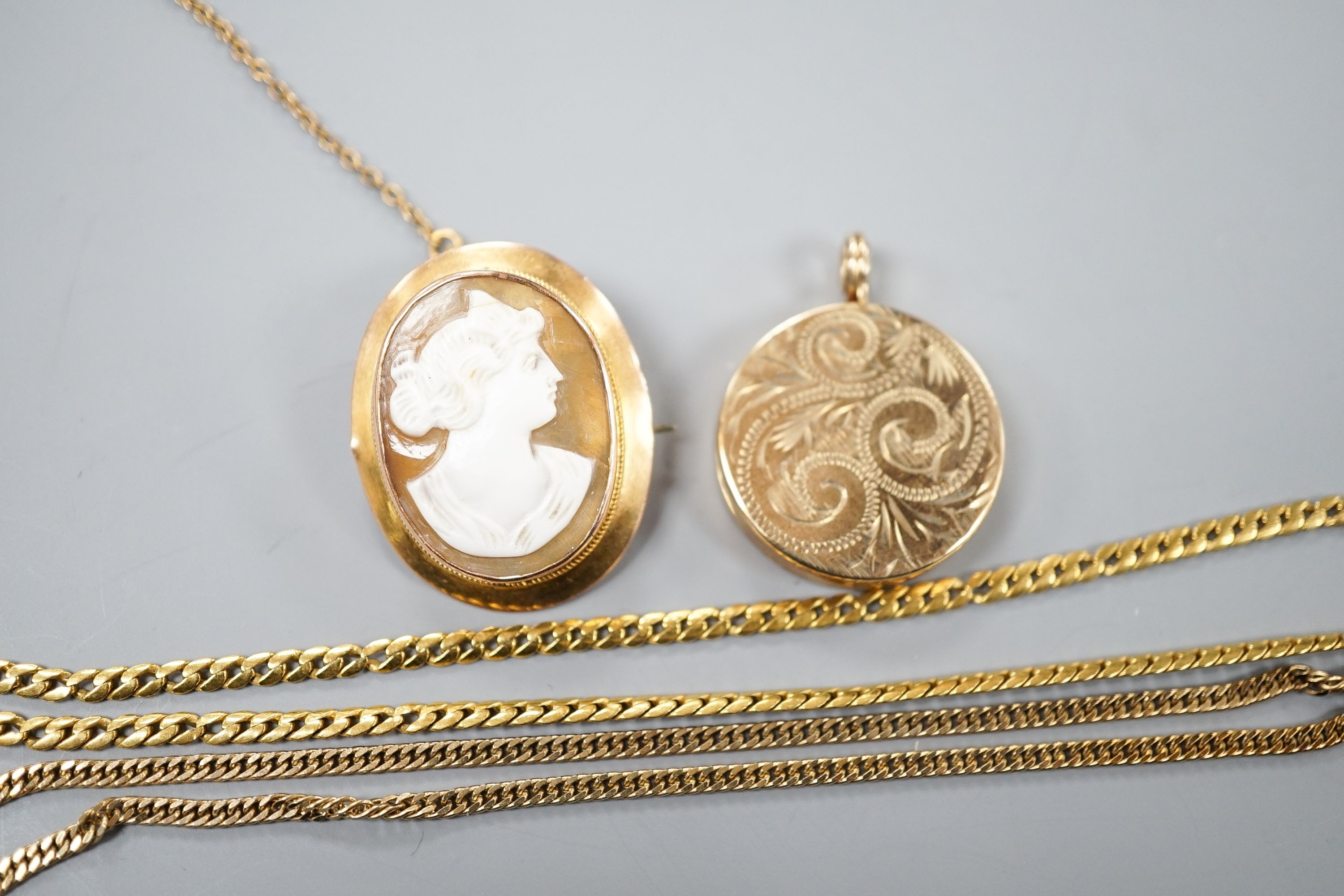 A 9ct gold 'serpent' necklet, 36cm, a 9ct mounted oval cameo shell brooch, a modern 9ct gold locket on a 9ct gold chain, gross 22.1 grams.